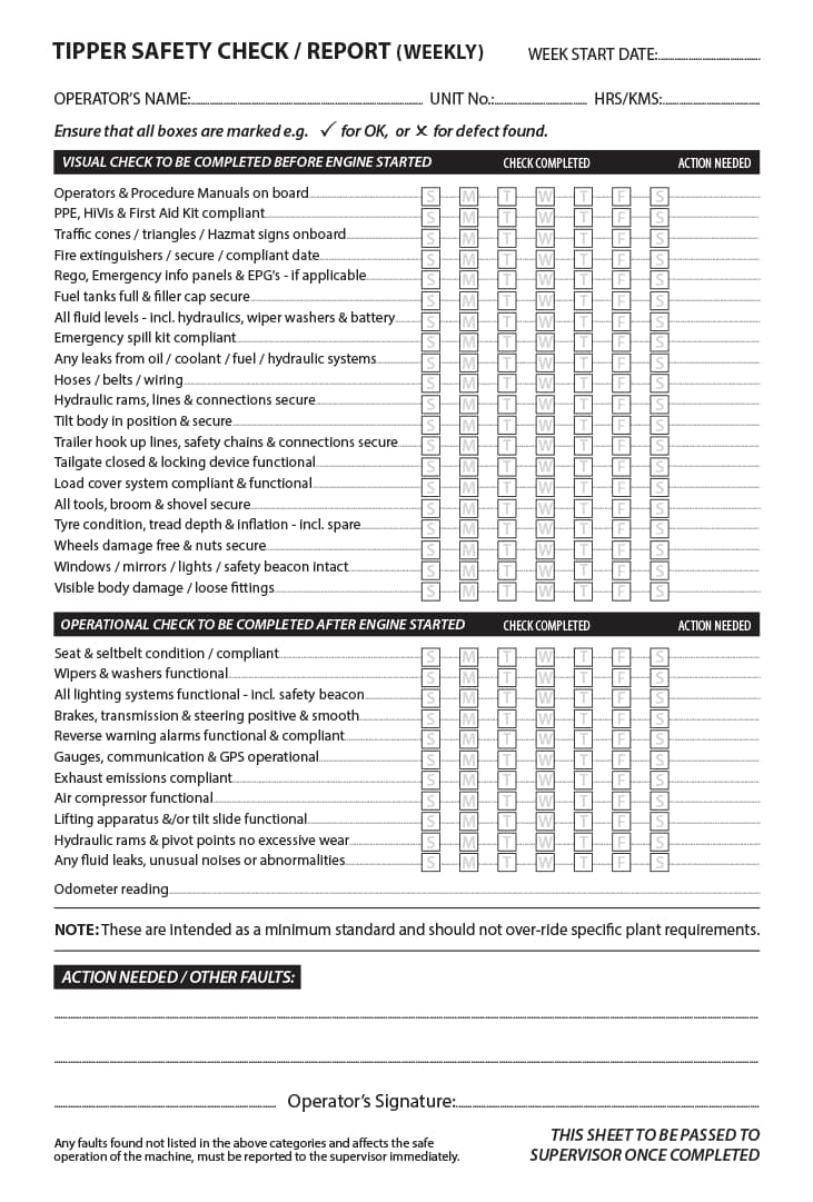 Tipper Pre-Start Safety Check A4 (Pre-printed) - Image 2